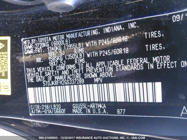 5TDJKRFH2GS337289 - 2016 TOYOTA HIGHLANDER XLE შავი ფოტო 9