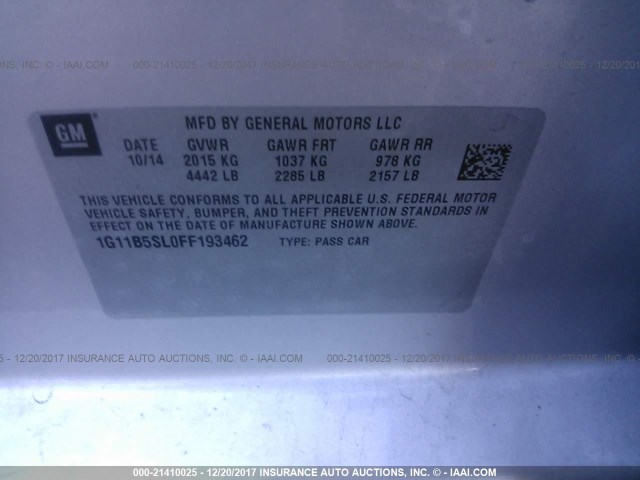 1G11B5SL0FF193462 - 2015 CHEVROLET MALIBU LS 银色 照片 9