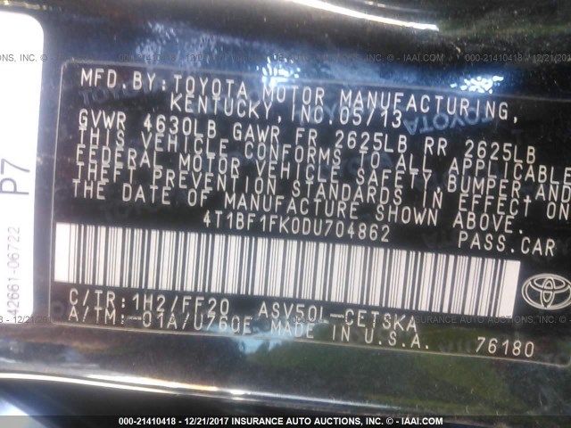 4T1BF1FK0DU704862 - 2013 TOYOTA CAMRY L/SE/LE/XLE შავი ფოტო 9