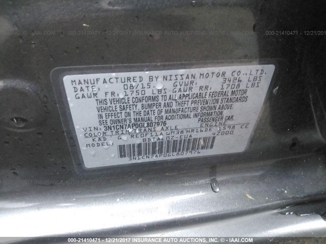 3N1CN7AP0GL807976 - 2016 NISSAN VERSA S/S PLUS/SV/SL GRAY photo 9