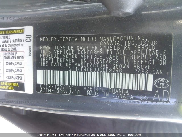 2T1KE40E99C009246 - 2009 TOYOTA COROLLA MATRIX S GRAY photo 9