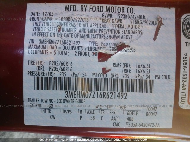 3MEHM07Z16R621492 - 2006 MERCURY MILAN RED photo 9