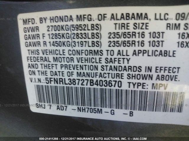 5FNRL38727B403670 - 2007 HONDA ODYSSEY EXL ნაცრისფერი ფოტო 9