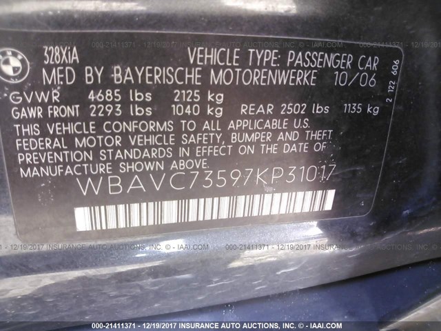 WBAVC73597KP31017 - 2007 BMW 328 XI SULEV GRAY photo 9