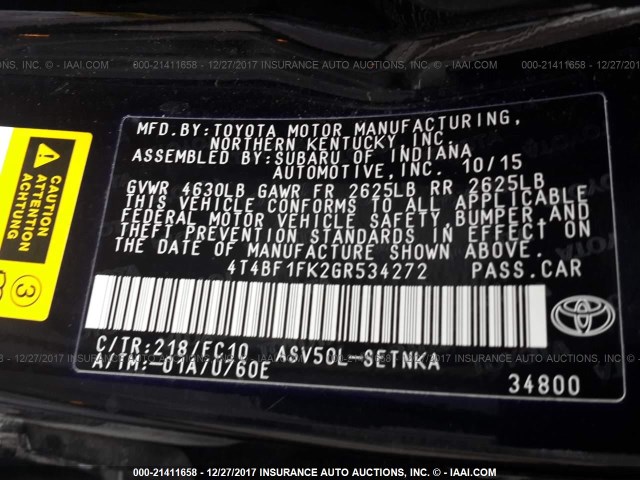 4T4BF1FK2GR534272 - 2016 TOYOTA CAMRY LE/XLE/SE/XSE შავი ფოტო 9