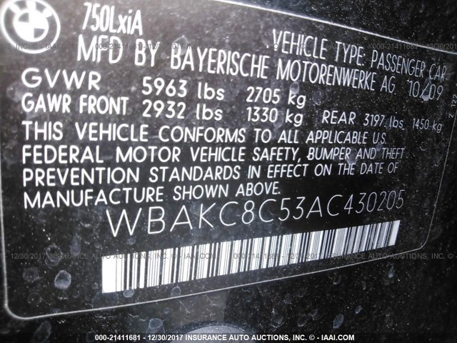 WBAKC8C53AC430205 - 2010 BMW 750 LI/XDRIVE BLACK photo 9