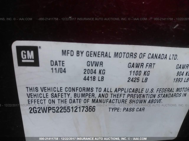 2G2WP522551217366 - 2005 PONTIAC GRAND PRIX BURGUNDY photo 8