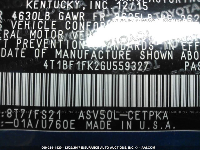 4T1BF1FK2GU559327 - 2016 TOYOTA CAMRY LE/XLE/SE/XSE BLUE photo 9