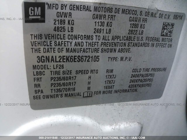 3GNAL2EK6ES672105 - 2014 CHEVROLET CAPTIVA LS 白色 照片 9