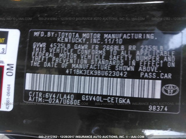 4T1BK3EK9BU623042 - 2011 TOYOTA CAMRY SE/LE/XLE GREEN photo 9