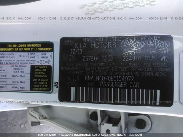 KNALN4D70E5154972 - 2014 KIA CADENZA PREMIUM/LIMITED WHITE photo 9