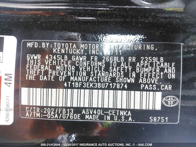 4T1BF3EK3BU717874 - 2011 TOYOTA CAMRY SE/LE/XLE BLACK photo 9