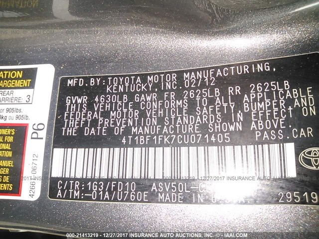 4T1BF1FK7CU071405 - 2012 TOYOTA CAMRY SE/LE/XLE GRAY photo 9