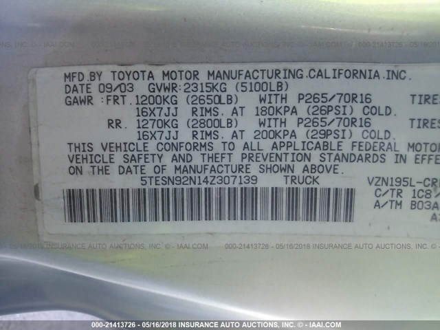 5TESN92N14Z307139 - 2004 TOYOTA TACOMA XTRACAB PRERUNNER ვერცხლისფერი ფოტო 9