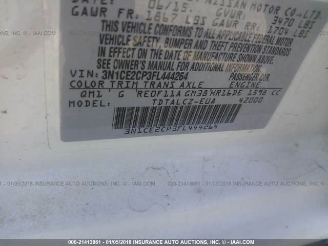 3N1CE2CP3FL444264 - 2015 NISSAN VERSA NOTE S/S PLUS/SV/SL/SR WHITE photo 9