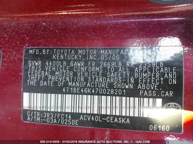 4T1BE46K47U028201 - 2007 TOYOTA CAMRY NEW GENERAT CE/LE/XLE/SE RED photo 9