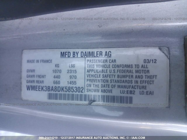 WMEEK3BA8DK585302 - 2013 SMART FORTWO PASSION 银色 照片 9