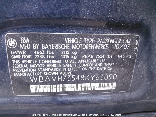 WBAVB73548KY63090 - 2008 BMW 335 I Dark Blue photo 9