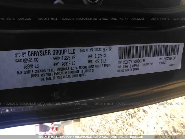 2C3CCAKT0DH543193 - 2013 CHRYSLER 300C GRAY photo 9