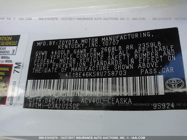 4T1BE46K58U758703 - 2008 TOYOTA CAMRY CE/LE/XLE/SE WHITE photo 9