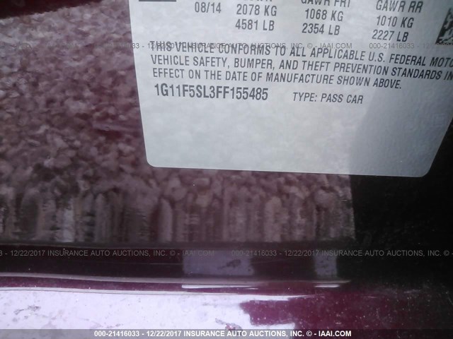 1G11F5SL3FF155485 - 2015 CHEVROLET MALIBU LTZ 红色 照片 9