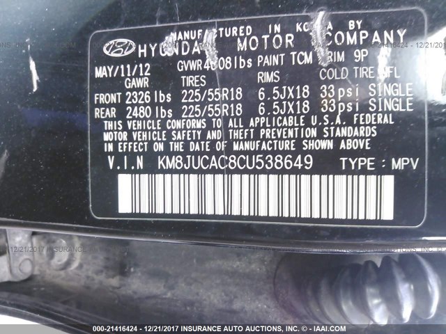 KM8JUCAC8CU538649 - 2012 HYUNDAI TUCSON GLS/LIMITED 黑色 照片 9