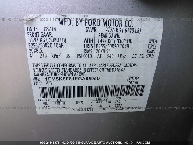 1FM5K8F81FGA65950 - 2015 FORD EXPLORER LIMITED 银色 照片 9