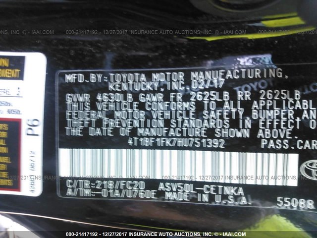 4T1BF1FK7HU751392 - 2017 TOYOTA CAMRY LE/XLE/SE/XSE Schwarz Foto 9