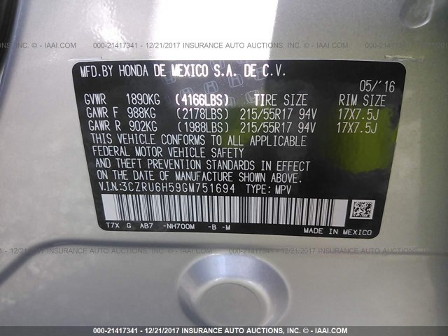 3CZRU6H59GM751694 - 2016 HONDA HR-V EX SILVER photo 9