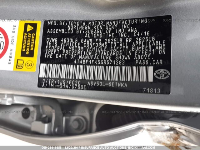 4T4BF1FK5GR571283 - 2016 TOYOTA CAMRY LE/XLE/SE/XSE SILVER photo 9