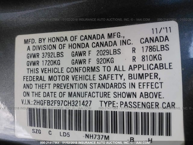 2HGFB2F97CH321427 - 2012 HONDA CIVIC EXL GRAY photo 9