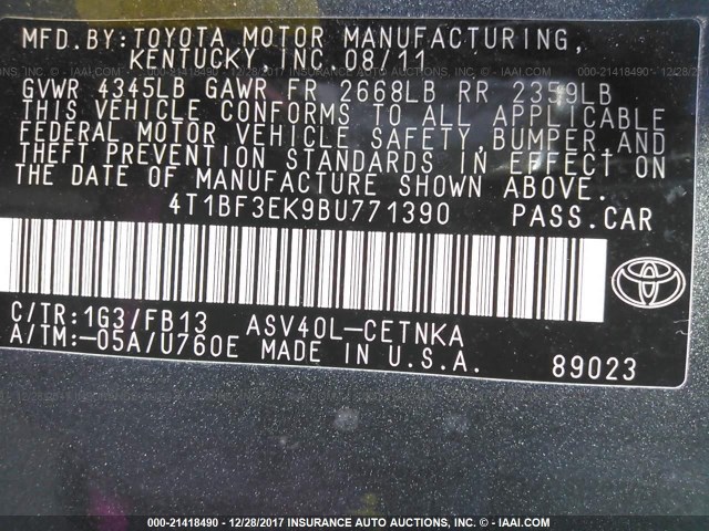 4T1BF3EK9BU771390 - 2011 TOYOTA CAMRY SE/LE/XLE GRAY photo 9