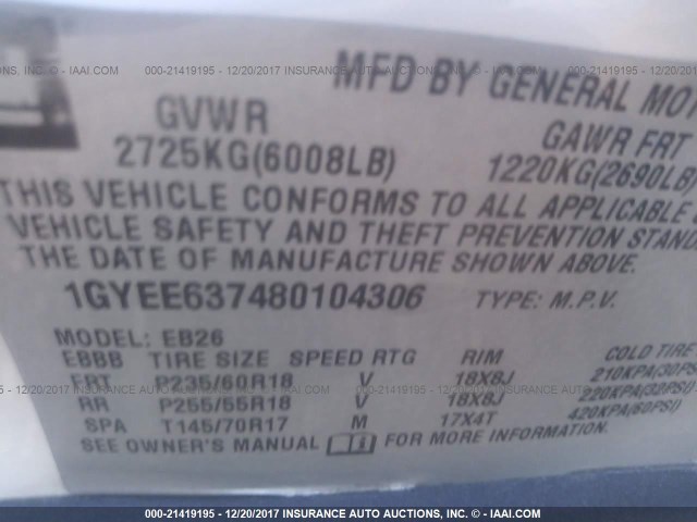 1GYEE637480104306 - 2008 CADILLAC SRX CREAM photo 9