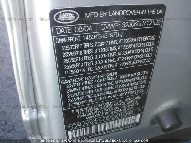 SALAA25475A301884 - 2005 LAND ROVER LR3 SILVER photo 9