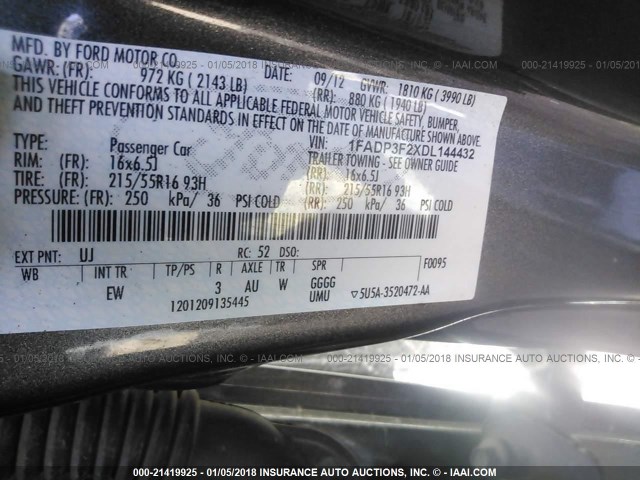 1FADP3F2XDL144432 - 2013 FORD FOCUS SE GRAY photo 9