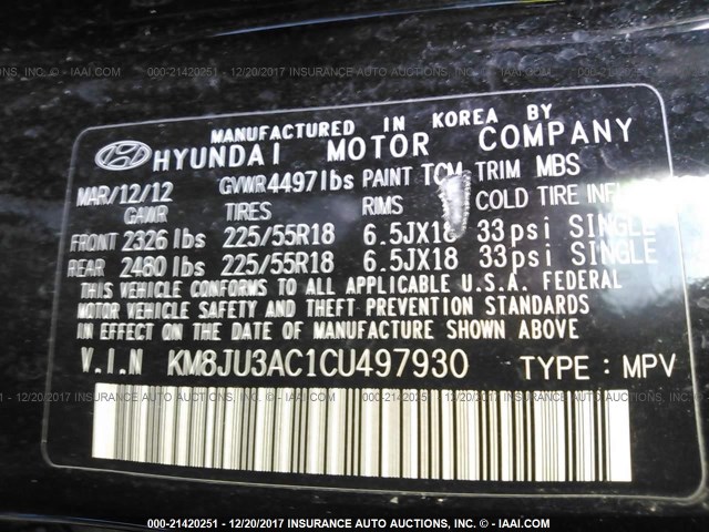 KM8JU3AC1CU497930 - 2012 HYUNDAI TUCSON GLS/LIMITED 黑色 照片 9