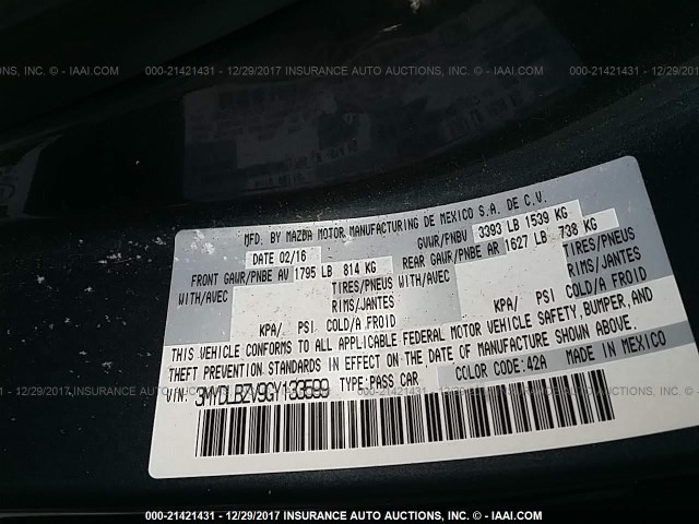 3MYDLBZV9GY133599 - 2016 TOYOTA SCION IA GRAY photo 9