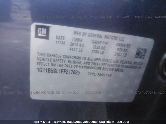 1G11B5SL1FF217025 - 2015 CHEVROLET MALIBU LS 蓝色 照片 9