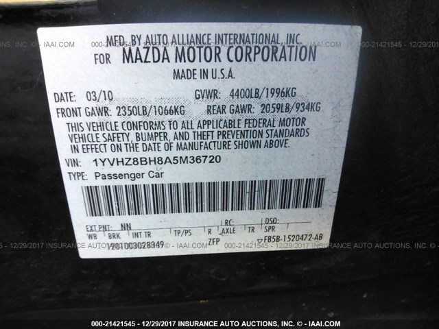 1YVHZ8BH8A5M36720 - 2010 MAZDA 6 I BLACK photo 9