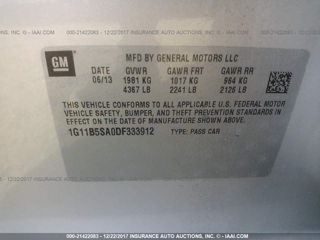 1G11B5SA0DF333912 - 2013 CHEVROLET MALIBU LS 银色 照片 9