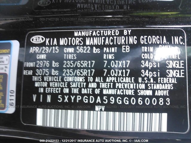 5XYPGDA59GG060083 - 2016 KIA SORENTO LX/L BLACK photo 9