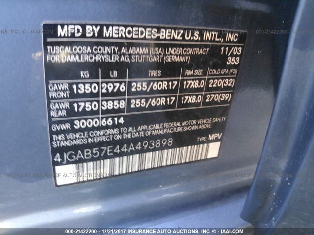 4JGAB57E44A493898 - 2004 MERCEDES-BENZ ML 350 BLUE photo 9