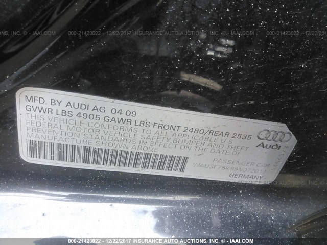 WAUSF78K99N072012 - 2009 AUDI A4 PREMIUM PLUS BLACK photo 9