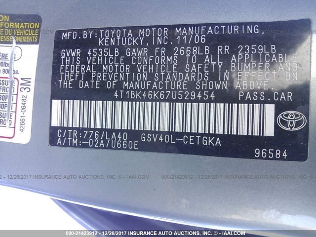 4T1BK46K67U529454 - 2007 TOYOTA CAMRY NEW GENERAT LE/XLE/SE GREEN photo 9