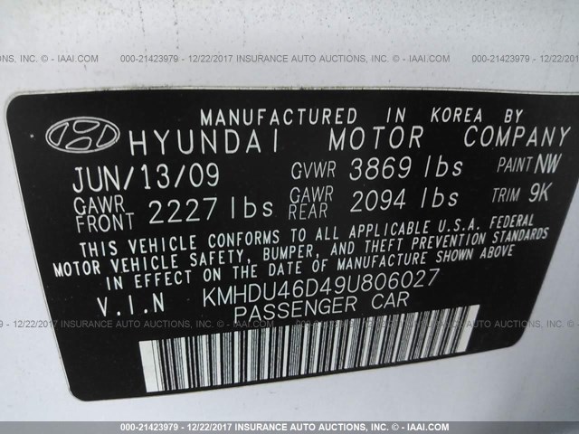 KMHDU46D49U806027 - 2009 HYUNDAI ELANTRA GLS/SE WHITE photo 9