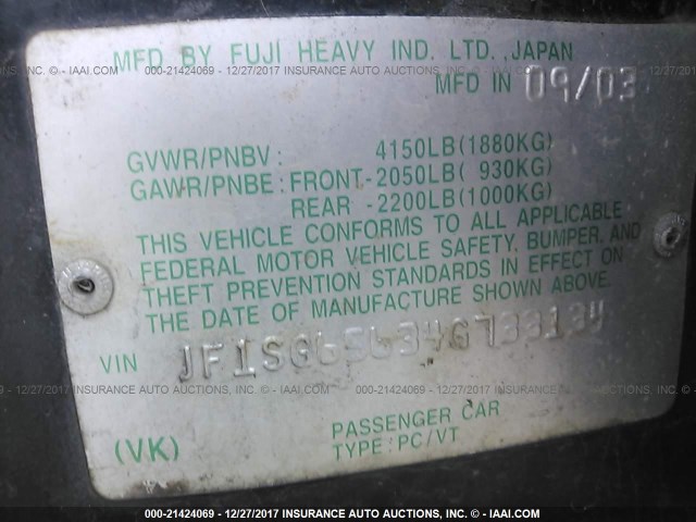 JF1SG65634G733134 - 2004 SUBARU FORESTER 2.5XS Черный фото 9