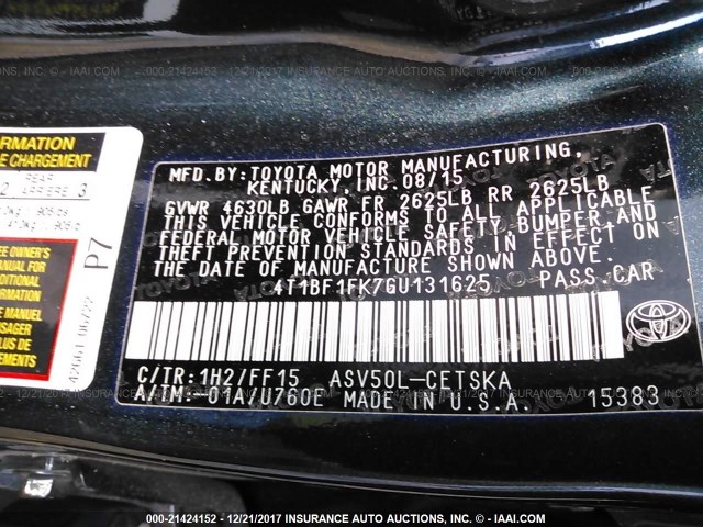 4T1BF1FK7GU131625 - 2016 TOYOTA CAMRY LE/XLE/SE/XSE BLACK photo 9