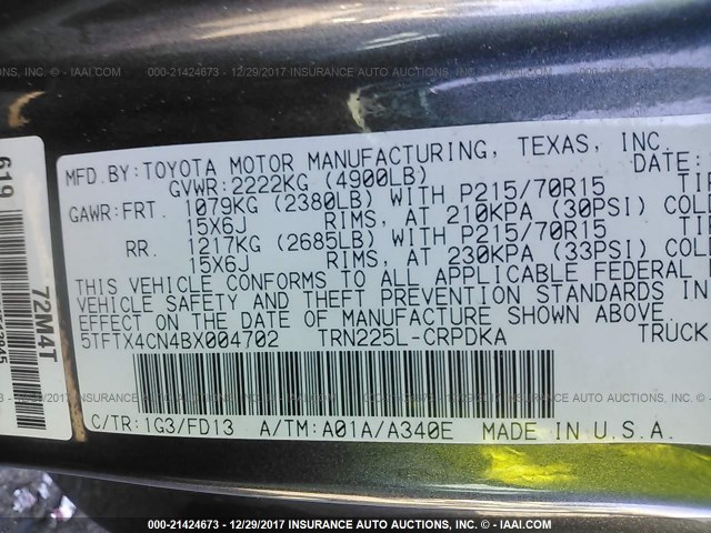 5TFTX4CN4BX004702 - 2011 TOYOTA TACOMA ACCESS CAB Մոխրագույն լուսանկար 9