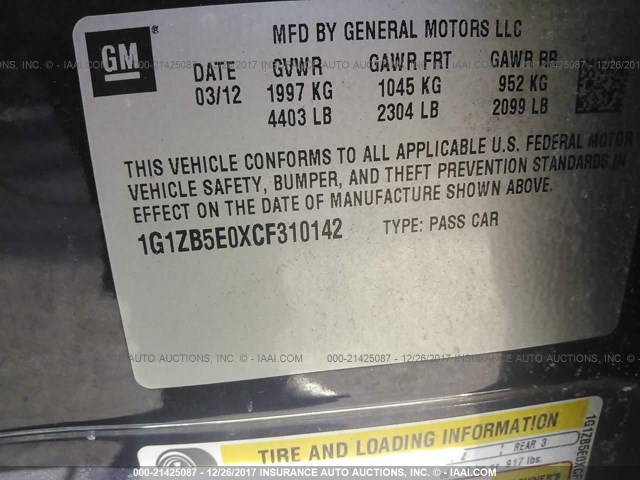 1G1ZB5E0XCF310142 - 2012 CHEVROLET MALIBU LS 蓝色 照片 9