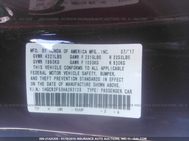 1HGCR2F50HA263128 - 2017 HONDA ACCORD SPORT 红色 照片 9